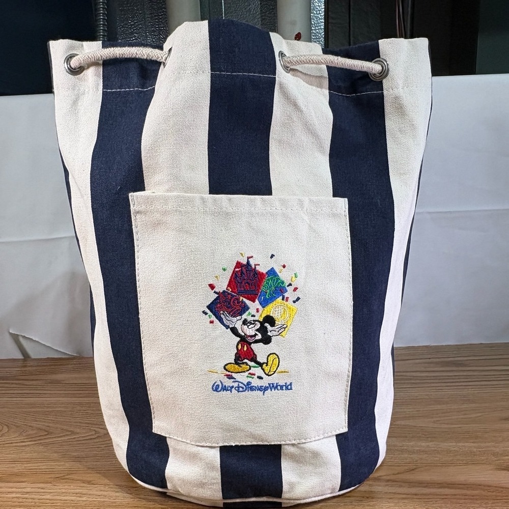 Disney Mickey Mouse World Striped Canvas Drawstring Bucket Bag
